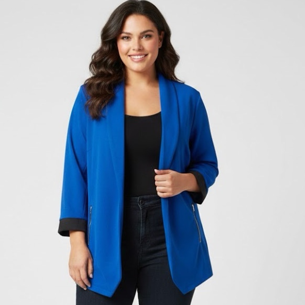 Shein Curve Royal Blue Jacket Open Front Blazer W Zip Simulate Pockets Size 1X